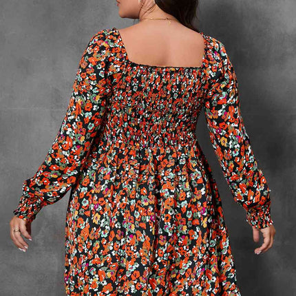 Plus Size Floral Square Neck Smocked Mini Dress