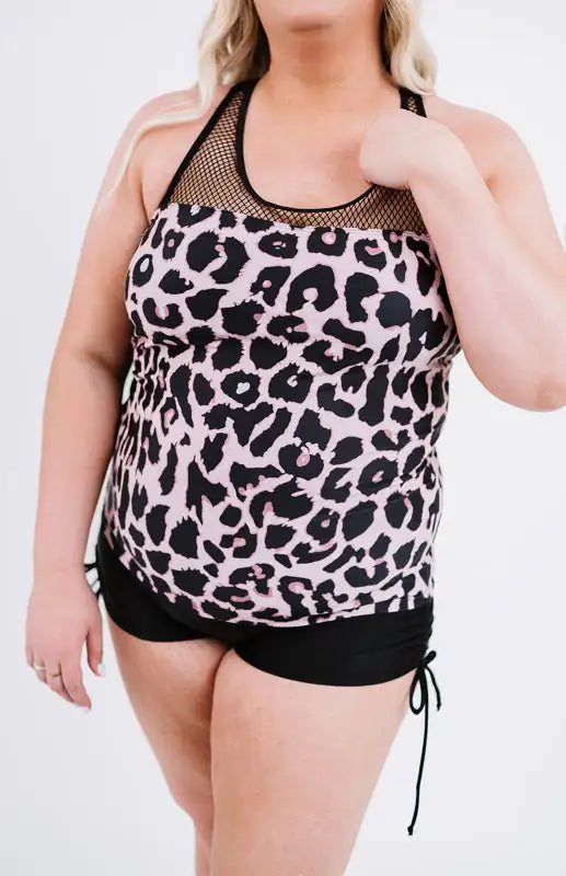 Tankini de talla grande con empalme de malla con estampado de leopardo negro 