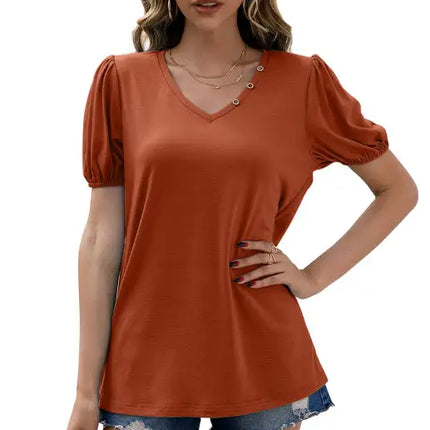 Women's Loose V-Neck Pullover Short Sleeve T-Shirt Solid Color Puff Sleeve Top