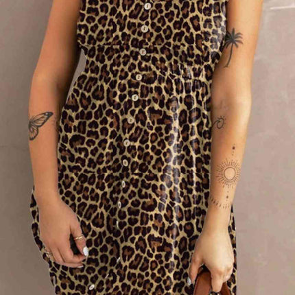 Double Take Printed Scoop Neck Sleeveless Buttoned Magic Dress with Pockets