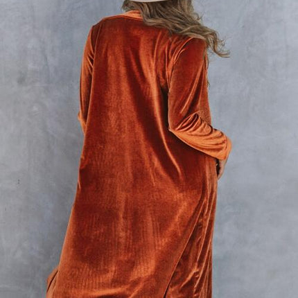 Collared Neck Longline Velvet Cardigan with Pockets