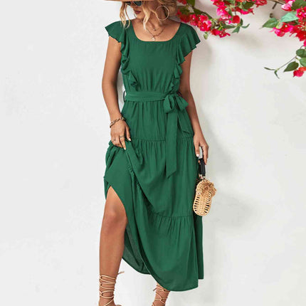 Tie Belt Ruffled Tiered Dress