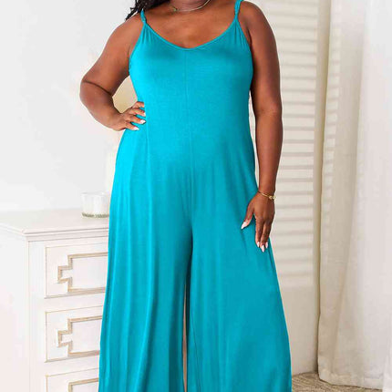 Double Take Full Size Soft Rayon Spaghetti Strap Tied Wide Leg Jumpsuit