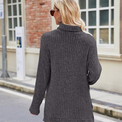 Ribbed Turtleneck Long Sleeve Slit Knit Top