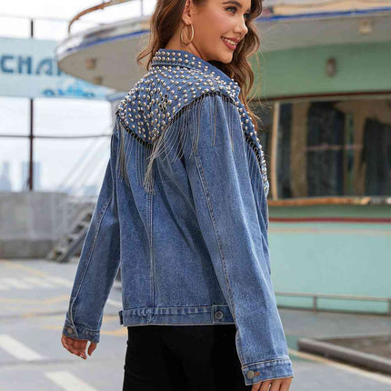 Studded Fringe Button Down Denim Jacket