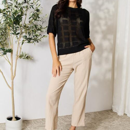 Double Take Ribbed Trim Round Neck Knit Top - Vickie Lynn's