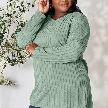 Basic Bae Full Size Ribbed Round Neck Long Sleeve Slit Top - Vickie Lynn's