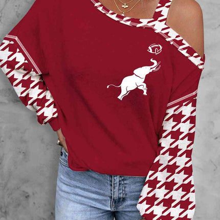 Houndstooth Long Sleeve Asymmetrical Neck Top