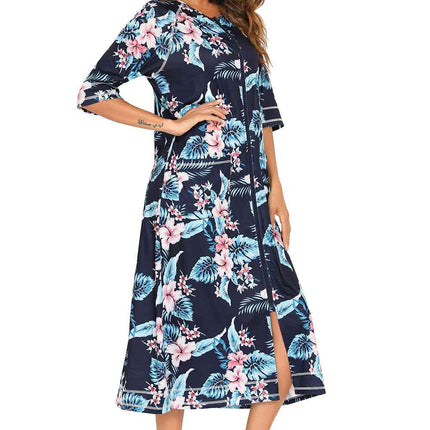 Printed Slit Night Dress with Pockets