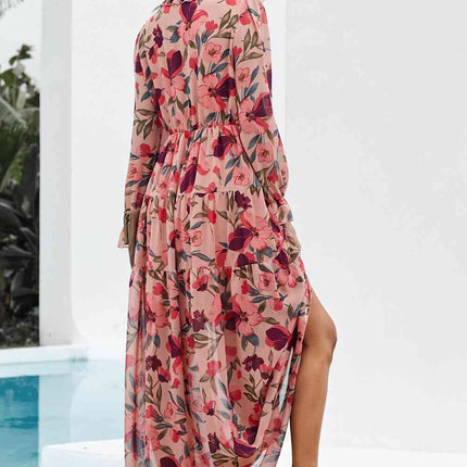 Floral Frill Trim Flounce Sleeve Plunge Maxi Dress - Vickie Lynn's