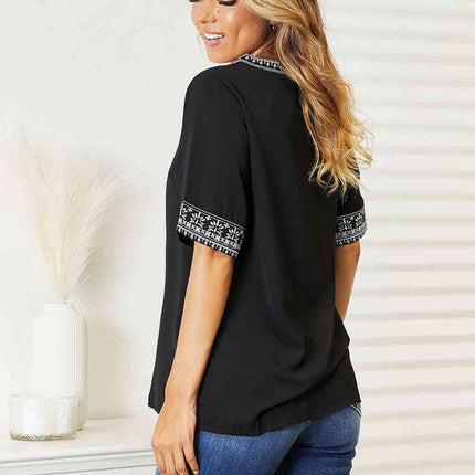 Double Take Embroidered Notched Neck Top - Vickie Lynn's