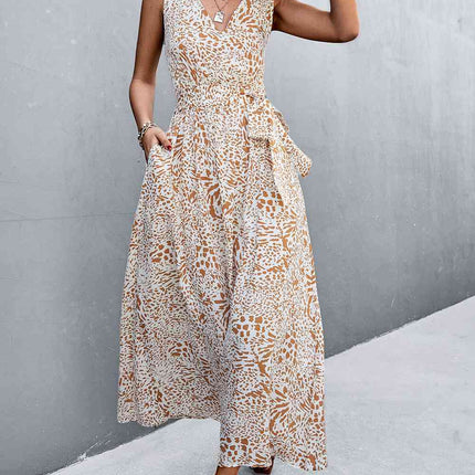 Printed V-Neck Tie Waist Maxi Dress