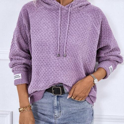 Texture Drawstring Long Sleeve Hooded Sweater - Vickie Lynn's