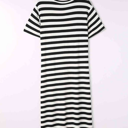 Striped V-Neck Short Sleeve Side Slit Dress
