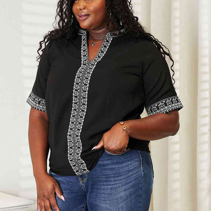Double Take Embroidered Notched Neck Top - Vickie Lynn's