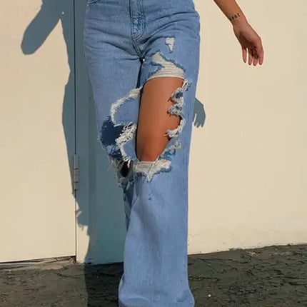 Vaqueros de pierna recta rasgados con personalidad suelta para mujer 