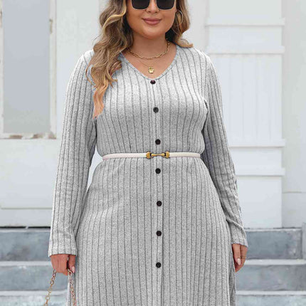 Plus Size Ribbed Buttoned V-Neck Long Sleeve Dress