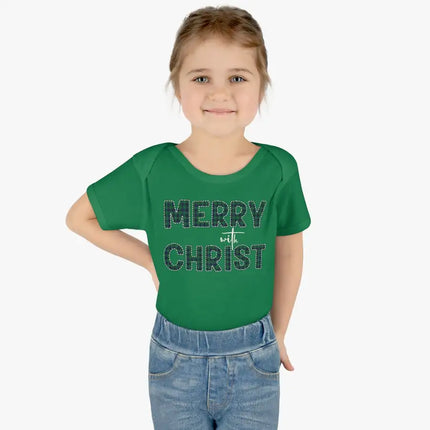 Short Sleeve Baby Onesie for Infants and Toddlers, Merry With Christ, Green Plaid Christmas Holiday Pattern Print