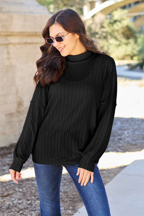 Basic Bae Full Size Ribbed Exposed Seam Mock Neck Knit Top - Vickie Lynn's