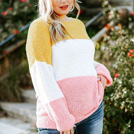 Plus Size Color Block Round Neck Sweater