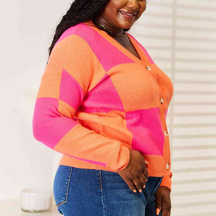 Woven Right Checkered V-Neck Dropped Shoulder Cardigan - Vickie Lynn's