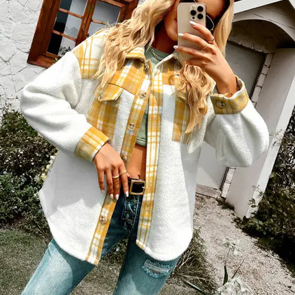 Abrigo estilo camisa a cuadros con temperamento casual para mujer 