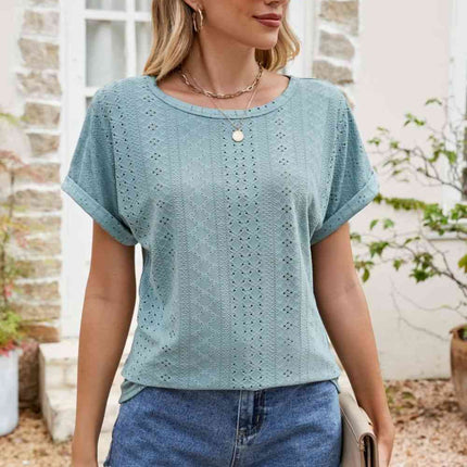 Full Size Round Neck Eyelet Short Sleeve Top