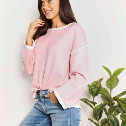 Double Take Contrast Detail Dropped Shoulder Knit Top - Vickie Lynn's