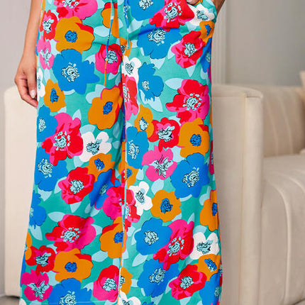 Plus Size Floral Drawstring Wide Leg Pants with Pockets