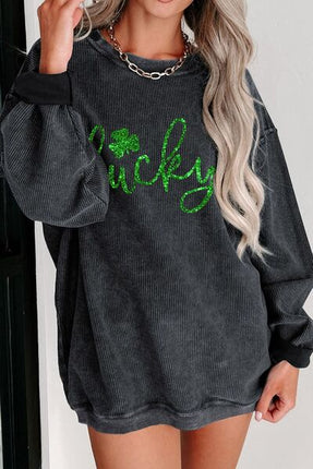 LUCKY Round Neck Dropped Shoulder Sweatshirt - Vickie Lynn's