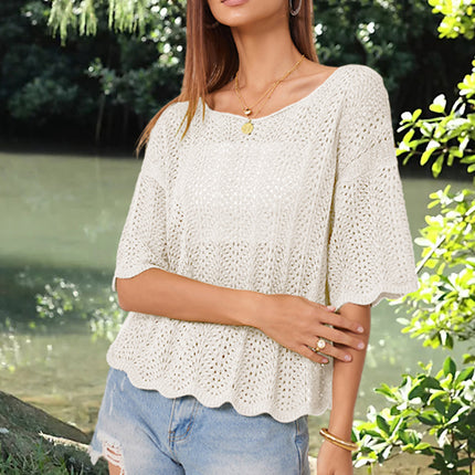 Openwork Round Neck Half Sleeve Knit Top