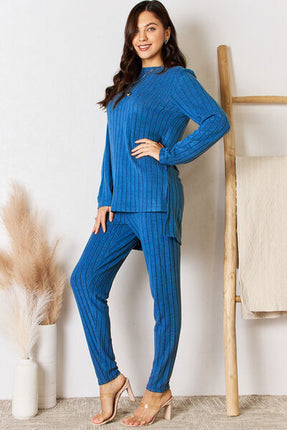 Basic Bae Full Size Ribbed Round Neck High-Low Slit Top and Pants Set - Vickie Lynn's