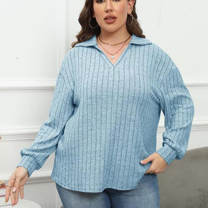 Plus Size Ribbed Collared Neck Long Sleeve Blouse