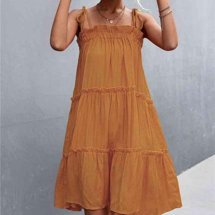 Tie-Shoulder Frill Trim Sleeveless Dress