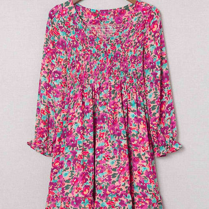 Floral Smocked V-Neck Flounce Sleeve Dress
