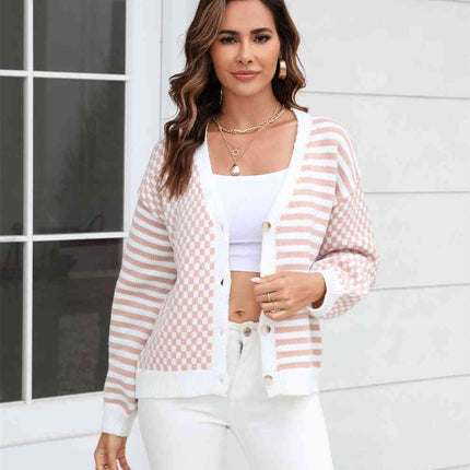 Button-Down Stripe & Plaid Contrast Pattern Cardigan