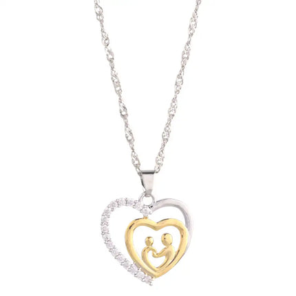 Mother and Child Pave Heart Pendant Necklace