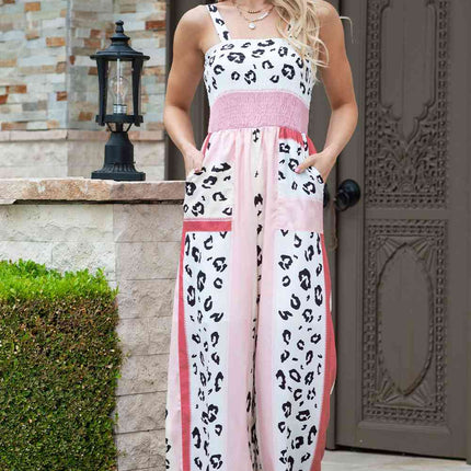 Leopard Color Block Smocked Jumpsuit