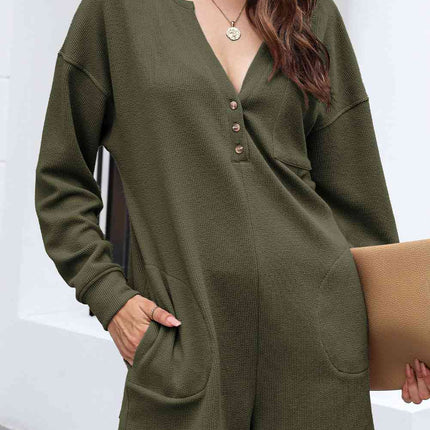 Notched Neck Long Sleeve Romper