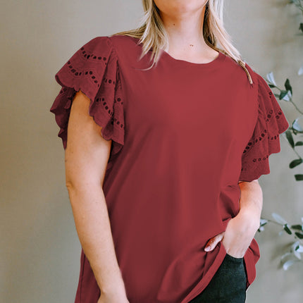 Plus Size Eyelet Round Neck Short Sleeve Blouse