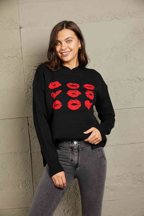 Woven Right Lip Graphic Slit Dropped Shoulder Sweater