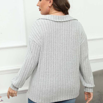 Plus Size Ribbed Collared Neck Long Sleeve Blouse