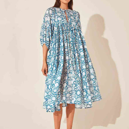 Floral Tie Neck Lantern Sleeve Dress