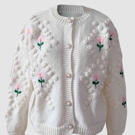 Floral Button Up Round Neck Long Sleeve Cardigan