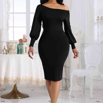 Boat Neck Lantern Sleeve Dress