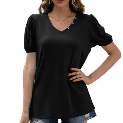 Women's Loose V-Neck Pullover Short Sleeve T-Shirt Solid Color Puff Sleeve Top