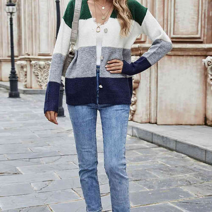 Woven Right Color Block V-Neck Button Down Cardigan