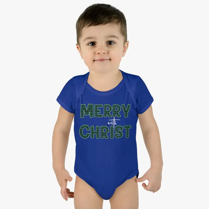 Short Sleeve Baby Onesie for Infants and Toddlers, Merry With Christ, Green Plaid Christmas Holiday Pattern Print