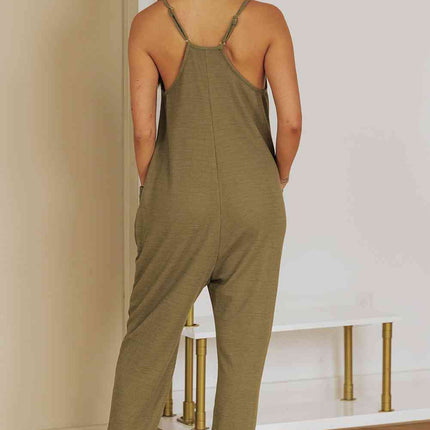 Spaghetti Strap Deep V Jumpsuit with Pockets