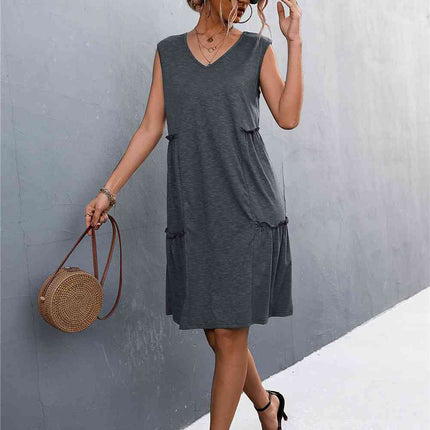 V-Neck Frill Trim Sleeveless Dress